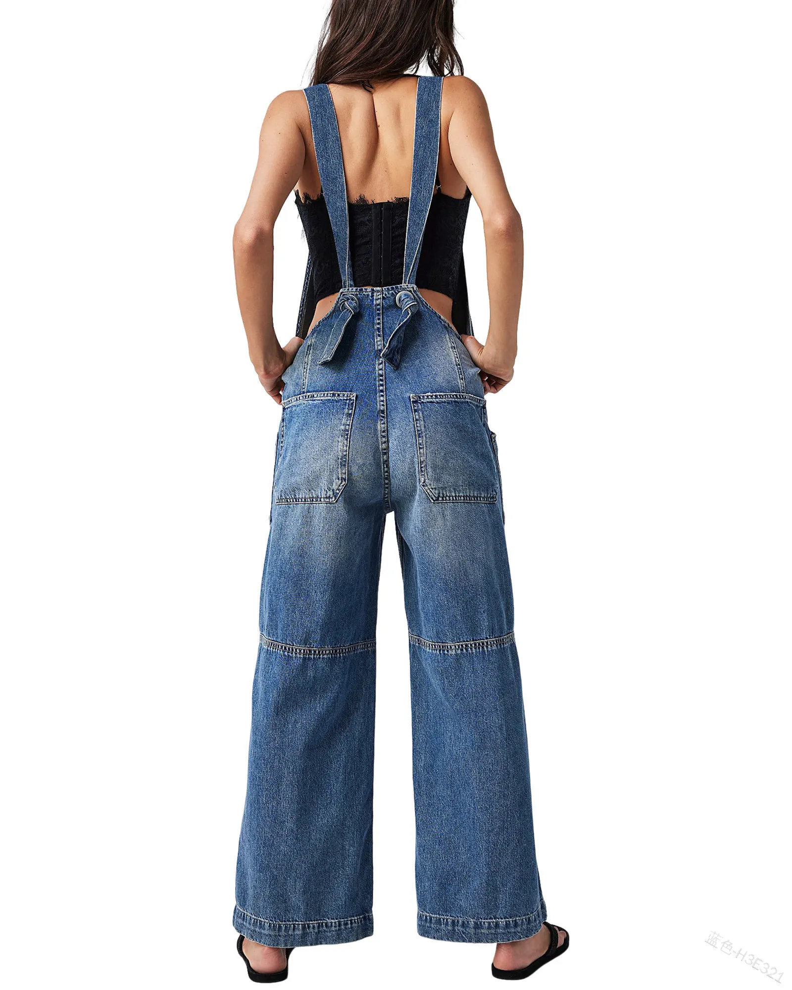 Women's Vintage Retro Denim Long Jumpsuit Casual Loose Button Up Adjustable Strap Baggy Wide Leg Jeans Overalls With Pocket