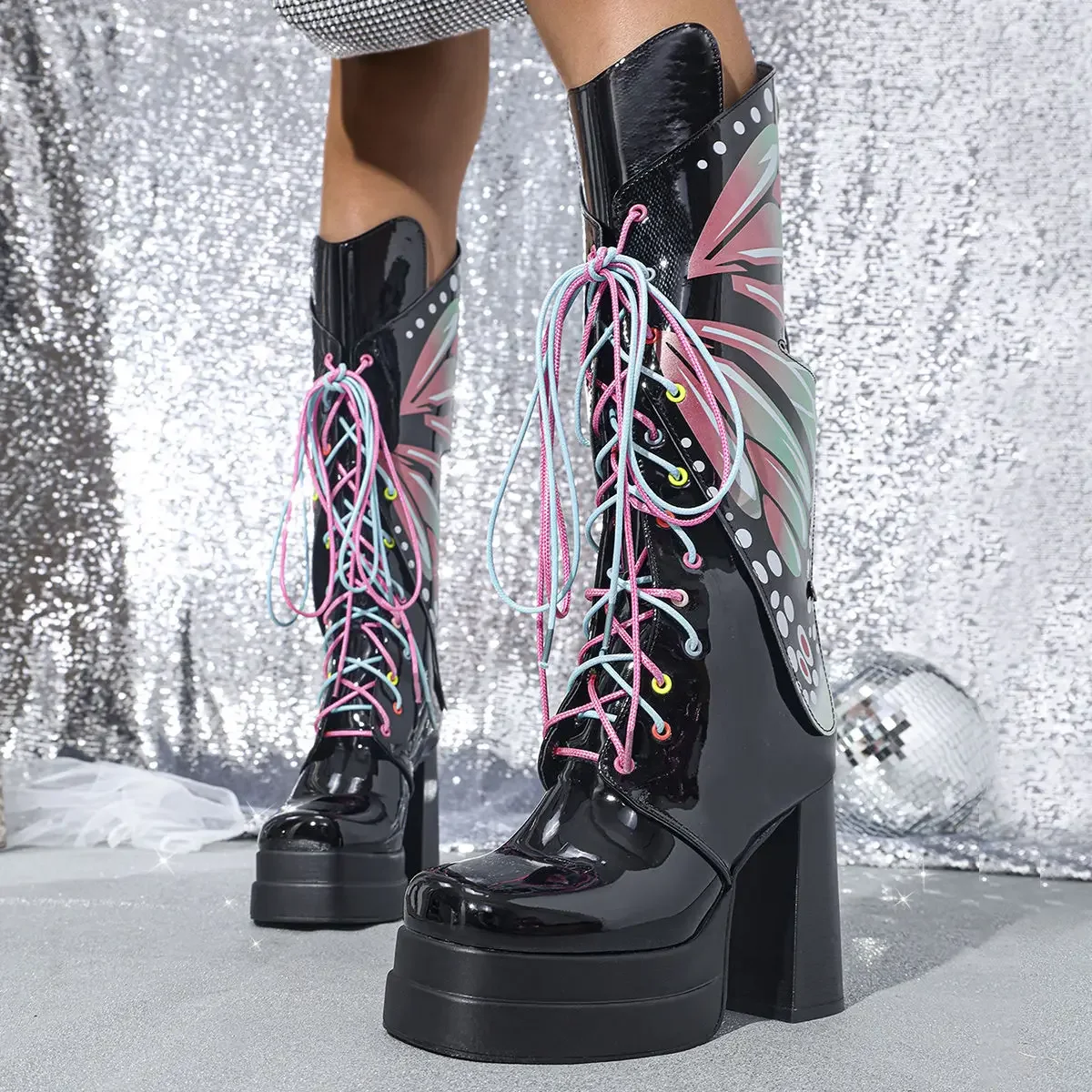 Colorful Butterfly Ninja CyberY2k Goth Sexy Boots Cosplay Plarform High Heel 2024 Spring Autumn New Party Women Knee High Boots