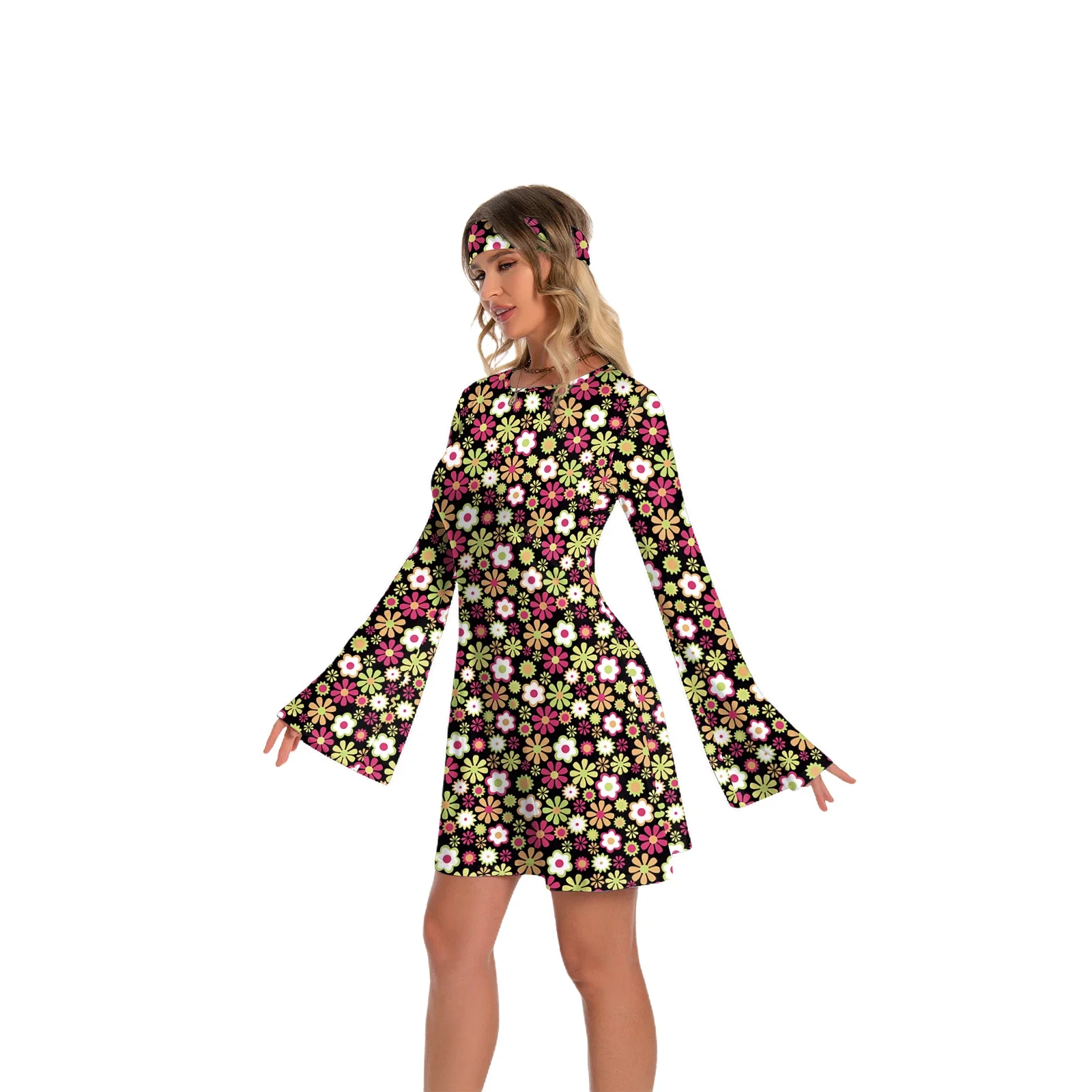 Robe Chang à imprimé floral des années 70 pour femmes, accessoires pour femmes, olympiques de danse d'Halloween, vêtements d'anterie de scène de vacances