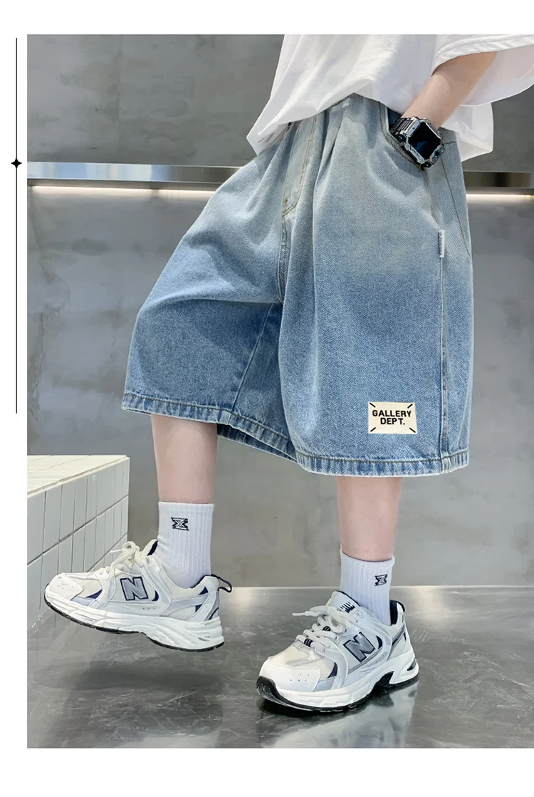 Neue Sommer-Jeansshorts für Kinder, Lässige, Lose Passform, Blauer Farbverlauf, für Teenager-Jungen, Baggy Denim-Shorts, Kinder-Streetwear, Knielange Hosen – Detail 11