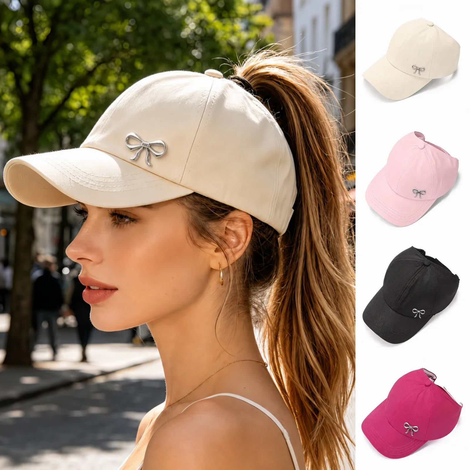Women's Metal Bow Decoration High Ponytail Hat Hollow Baseball Cap Suitable for Sports Travel Daily Sun Protection Matching