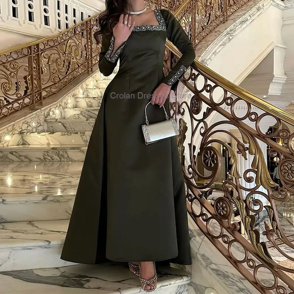 Saudi Arabia Satin Evening Dress for Woman Square Collar with Sequined Crystal Long Sleeves Prom Gowns A-Line Party Dress 2024