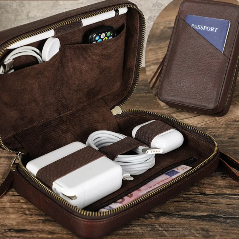 New Fashion Korean Version Suitable Apple Data Cable Bluetooth Earphone Storage Leather High-end Crazy Horse Skin Mobile Handbag