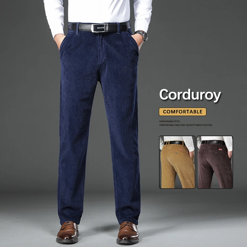 

97% Cotton Men's Corduroy Trousers Autumn New Thick Slim Straight Business Office Elastic Casual Pants Male Clothes