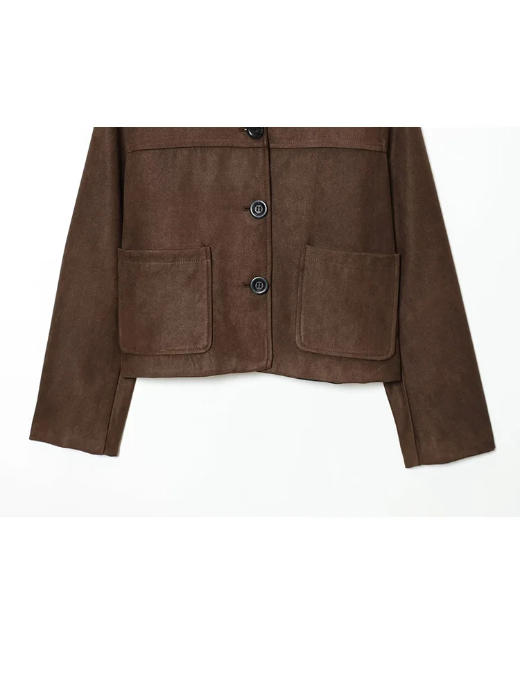 HH Donna Moda monopetto Decorazione tascabile Cappotto corto Giacca invernale in pelle scamosciata stile street con risvolto femminile a maniche lunghe