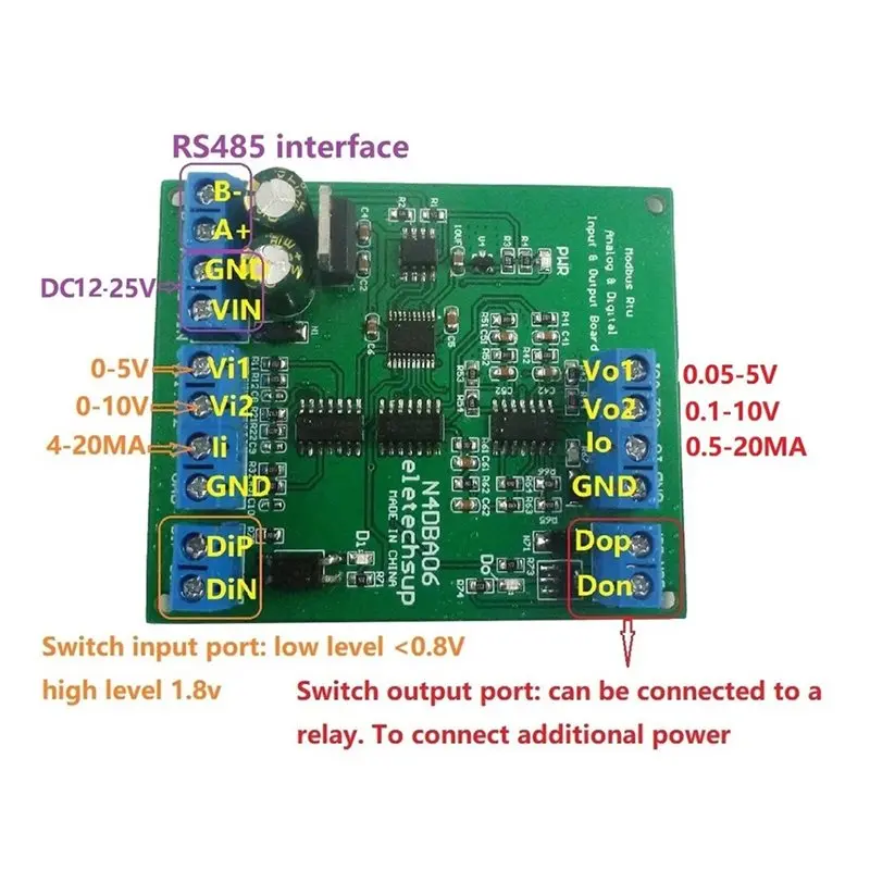 AC23-N4DBA06 DC 12V 8CH Analog Digital Input Output Module With Modbus RTU, 0-5V 0-10V 4-20MA ADC RS485 Interface Board