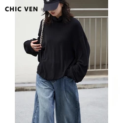 CHIC VEN Women T-Shirts Loose Long Sleeve Solid New High Collar Basic Long Sleeve Tees Warm Woman Tops Winter Autumn 2023