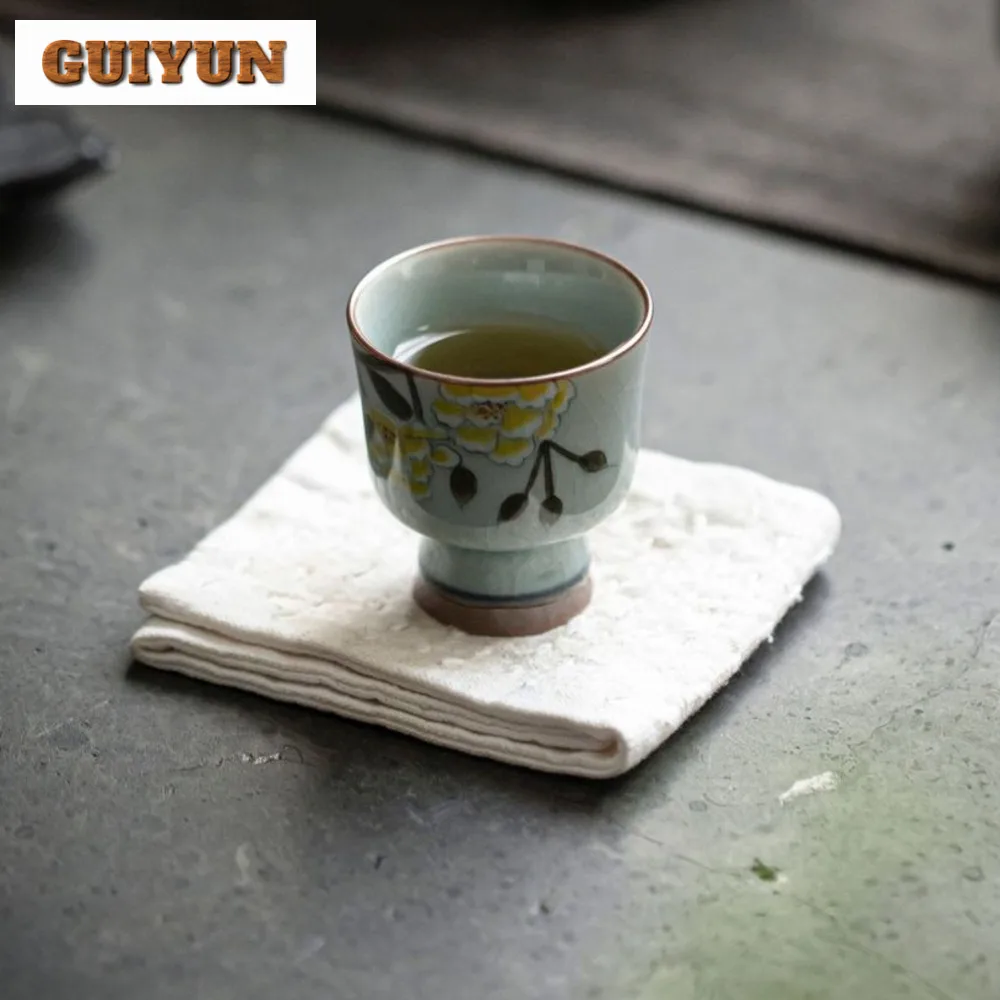 2pc/set Ice Cracked Glaze High-feet Master Cup Household Hand Painted Woody Flower Tea Cup Cute Meditation Cup Mug Teaset 35ml