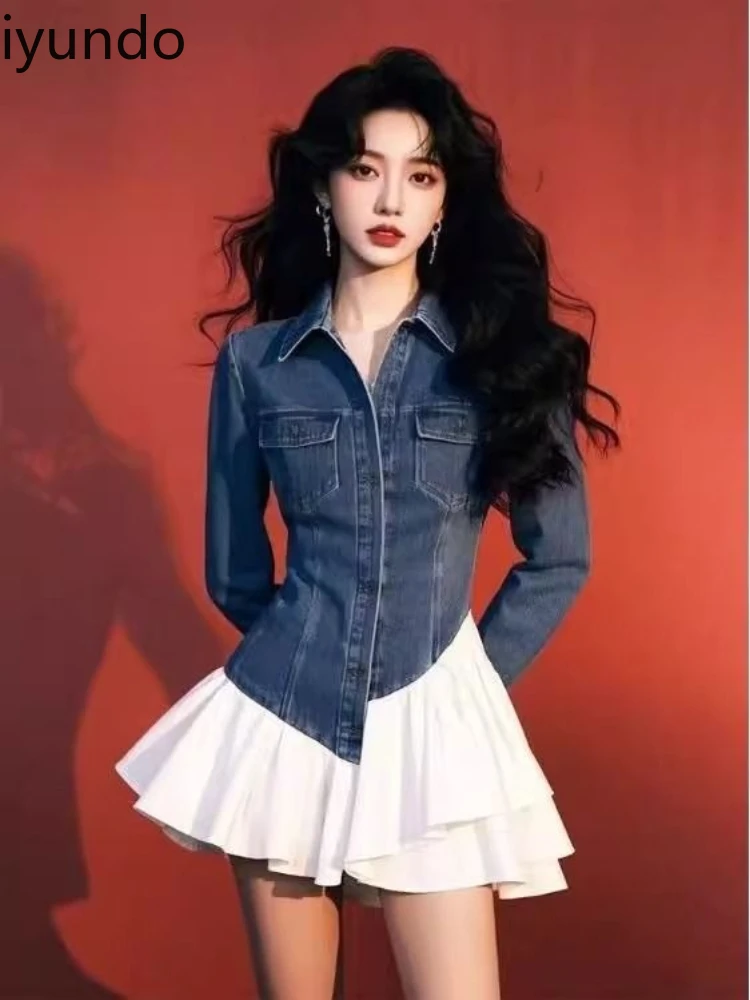 

Unique French Temperament Blue A-line Short Skirt New Waist Good-looking Denim Splicing Dress Vestidos Elegantes Para Mujer