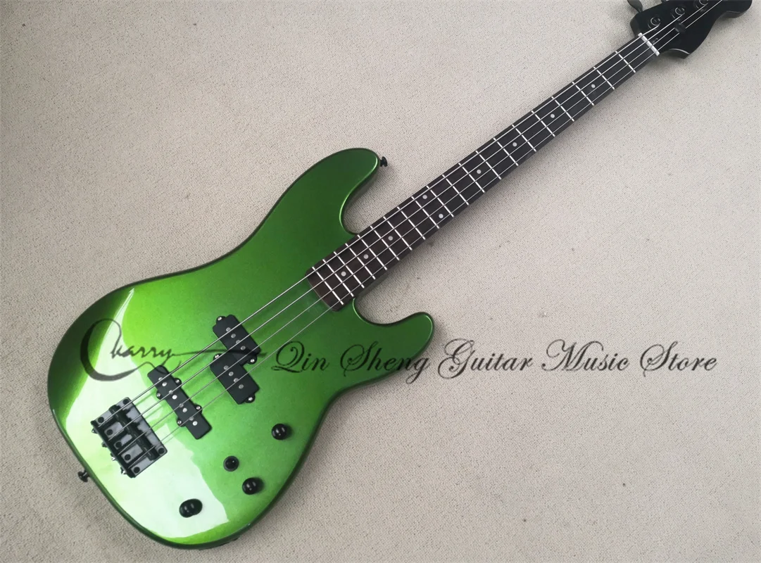 4 strings metal green bass guitar prec bass basswood body black neck blac head fixed bridge rosewood fingerboard