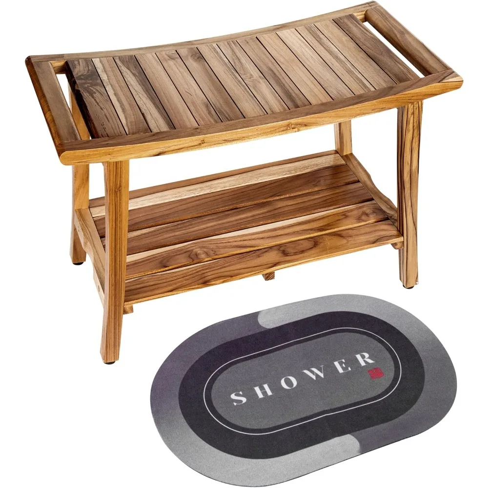 مقعد استحمام أنيق من خشب الساج مع رف مدمج ومقابض سهلة الإمساك