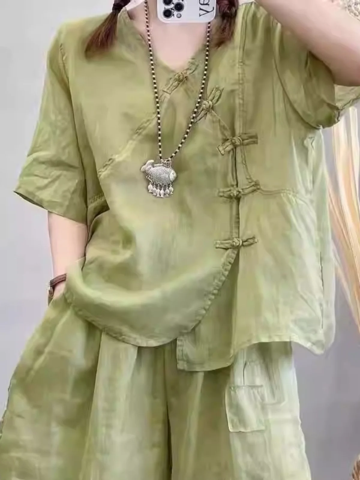 

Retro Artistic Cotton Linen orts Set Button Wide Leg Pants Two Piece Set V Ne Svel Faionable Women's Clothing