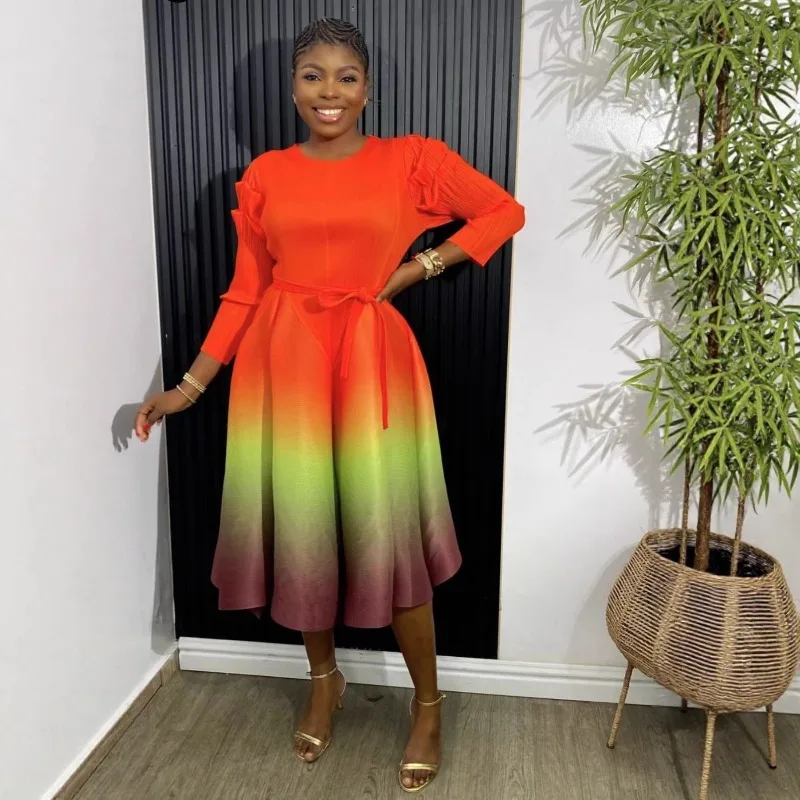 Miyake New Pleated Fashion Round Neck Lantern Sleeve Waist Slim Gradient Color Women's Dresses African Prom Stretch Long Dresses