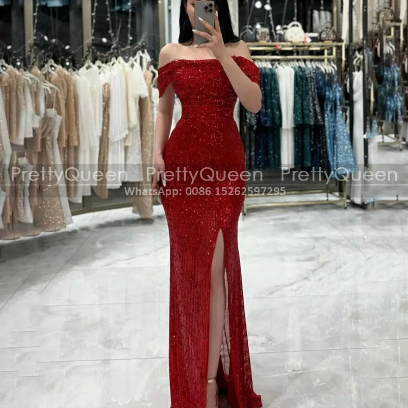 Off Shoulder Sheath Bridesmaid Dresses Customized Side Slit Mermaid Long Red Sequins Wedding Party Dress For Women