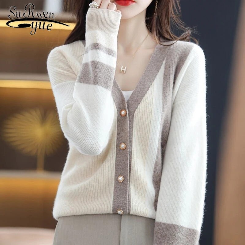 2022 new fashion multicolor V-neck cardigan women's autumn and winter sense of luxury ins tide soft slim knitted jacket 22754