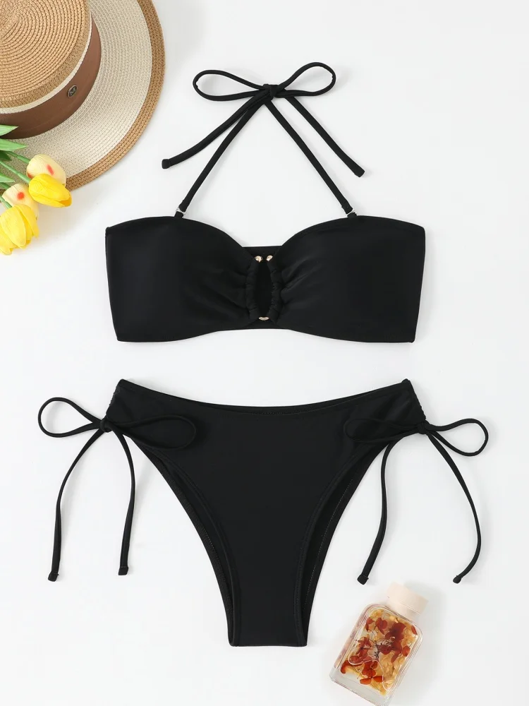 

Bikini Women Swimsuit 2026 New Solid V Neck Bikinis Set Sexy Drawstring Swimwear Summer Two Piece Set Beach Bathing Suit Female