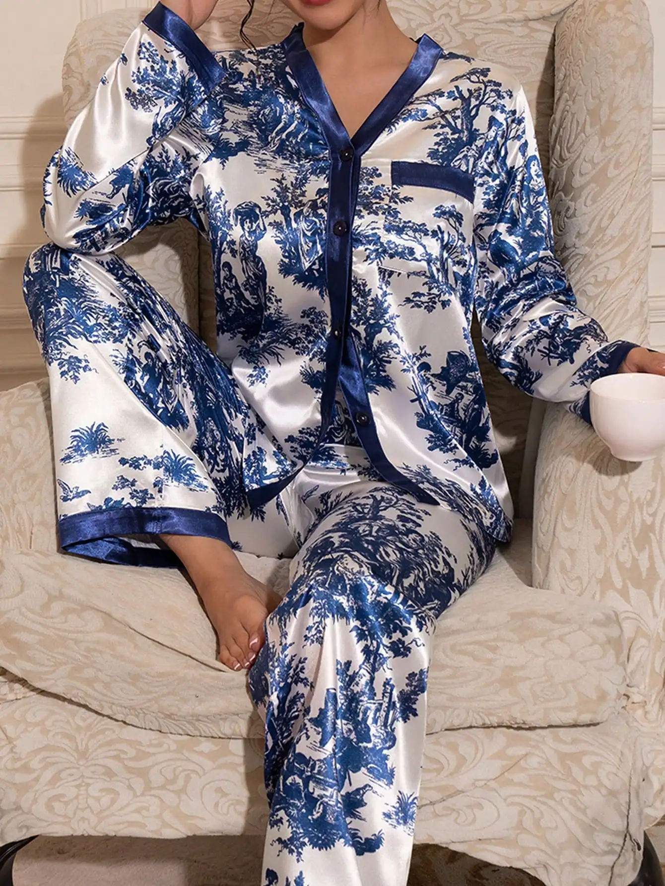 

Elegant Blue & White Toile Print Satin Pajama Set with V-Neck Button Top and Wide-Leg Pants