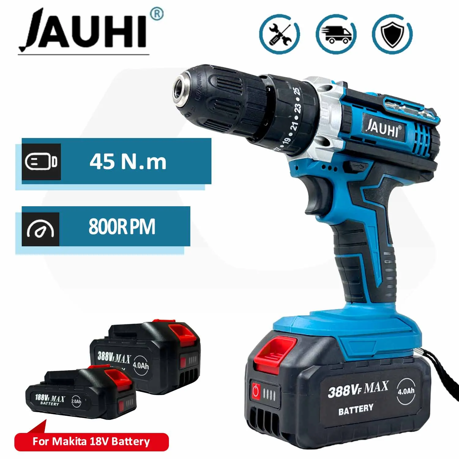 JAUHI 20+3 Torque Cordless Brushless Drill 10mm Electric Rechargeable Hand Drill Screwdriver 2 Speed fit Makita 18v Battery