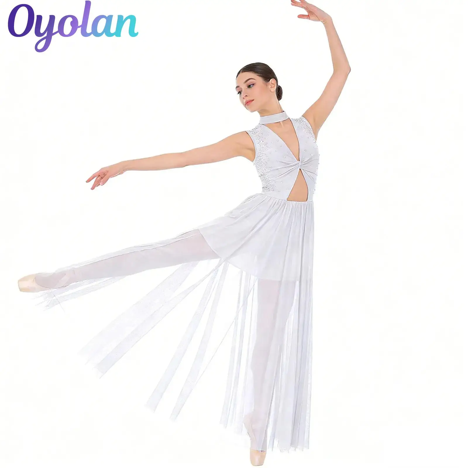 

Womens Adult Gymnastics Figure Skating Costume Shiny Rhinestones Ballet Lyrical Dance Dress Twisted Sheer Mesh Overlay Dress