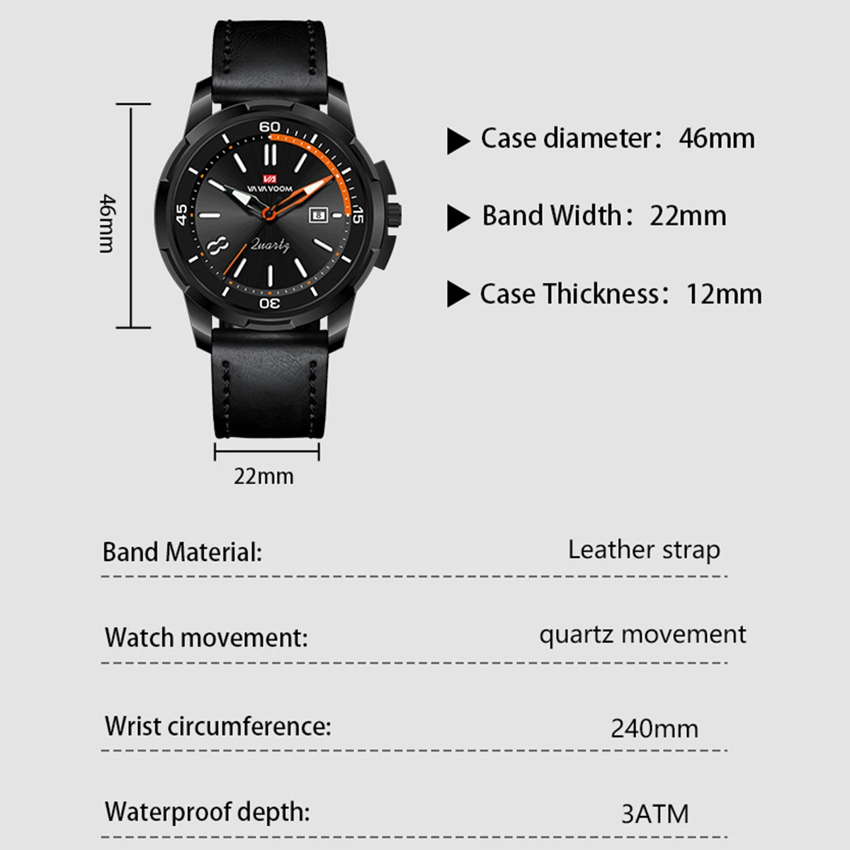 VA VA VOOM Military Leather Watch Black With 46 mm Large Dial Quartz Movement Business Style Casual Fashion Outdoor Sports Watch