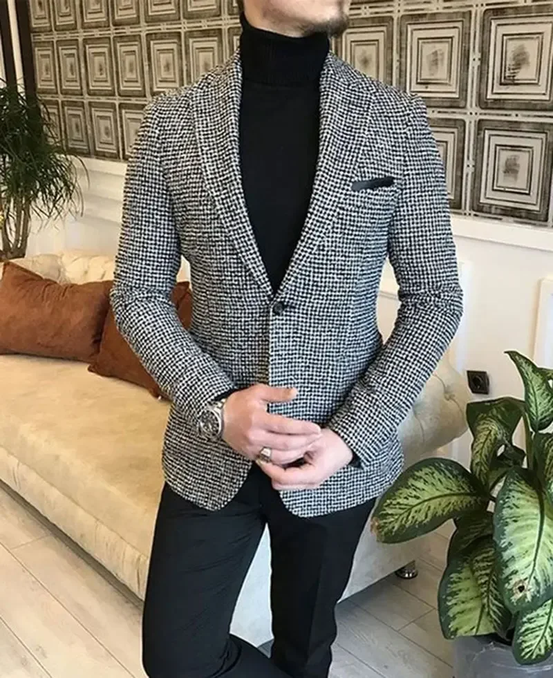 Blazer de lapela casual masculino, blazer xadrez de um botão, jaqueta justa, casaco de negócios de alta qualidade, primavera, novo