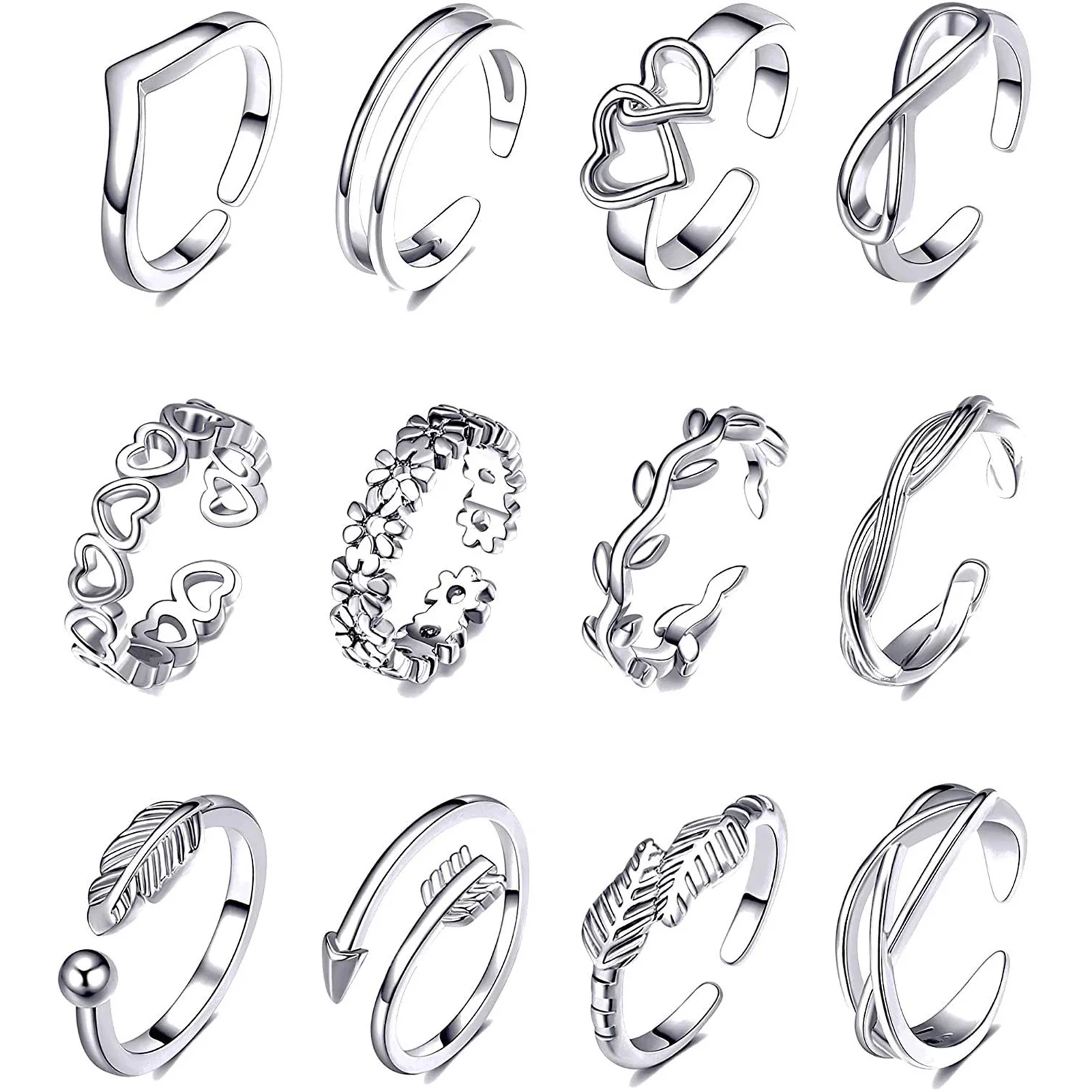 12Pcs Toe Rings for Women Adjustable Stainless Steel Simple Flower Feather Rings Summer Beach Finger Foot Rings Gift Jewelry