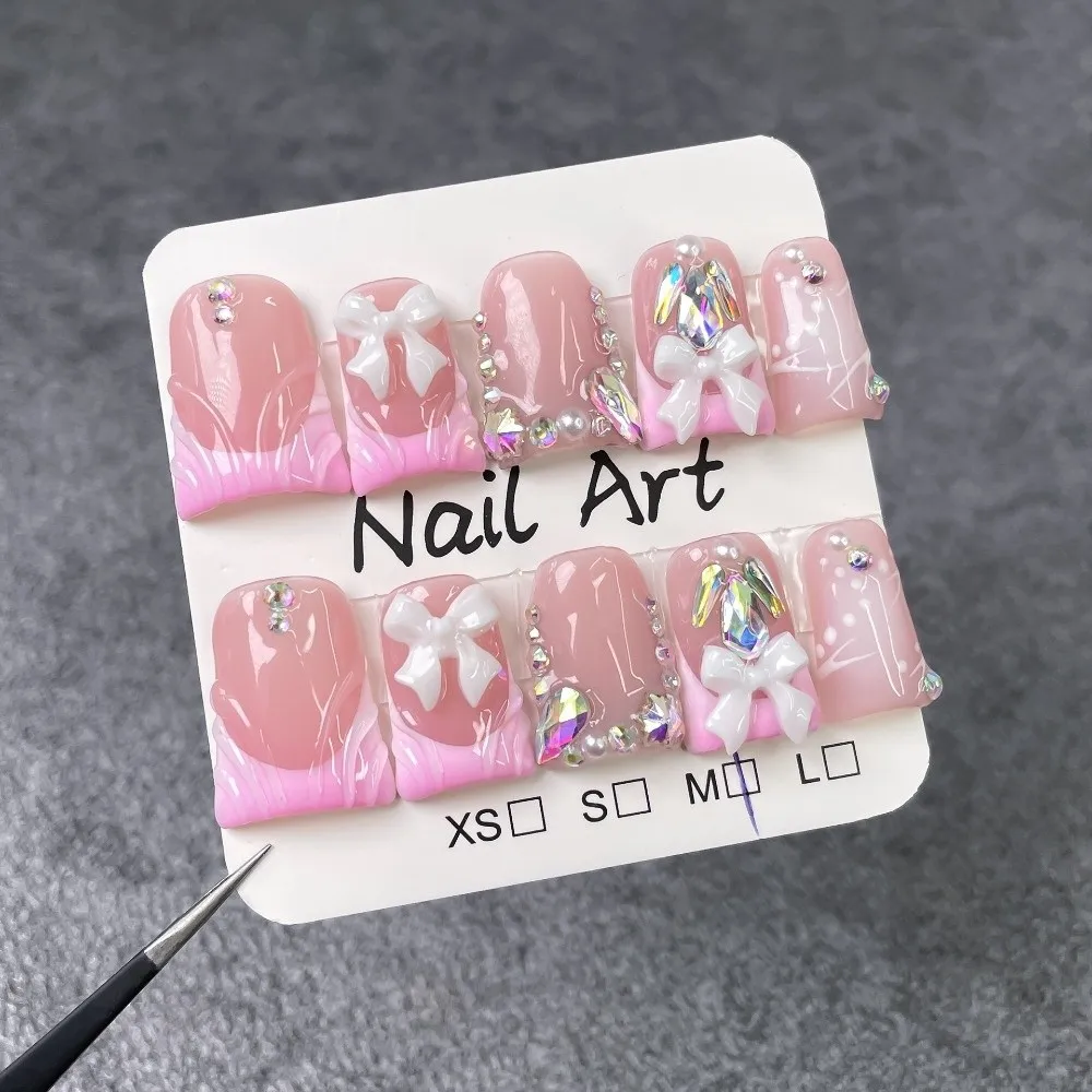 

Sweet Pink Color Press on Nails White French Tip Handmade False Nails 3D Carving Short Length Nail Art Nail Tips