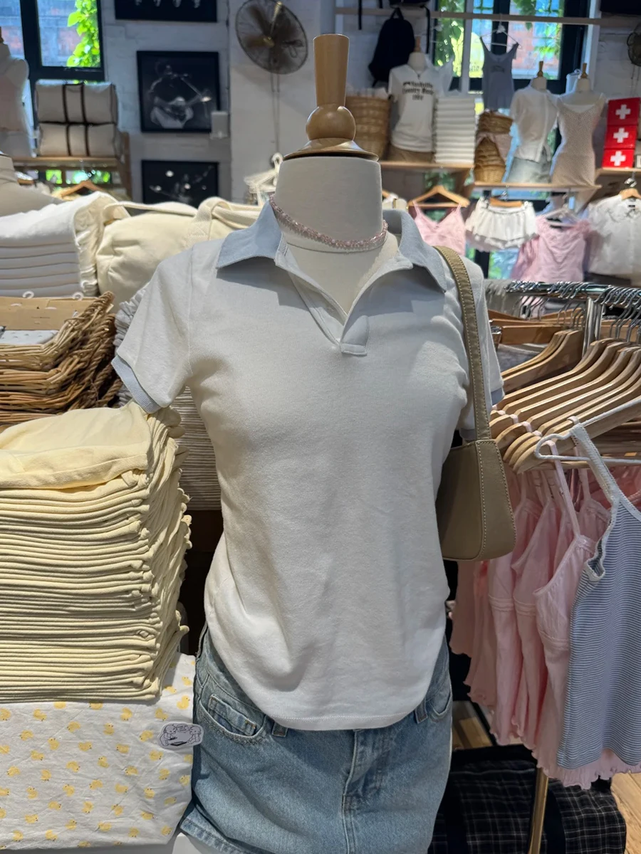 

White Cotton Slim Short Sleeve T-shirt Women Button-up Contrast Turndown Collar T-shirts Summer Preppy Style Casual Top Tees New