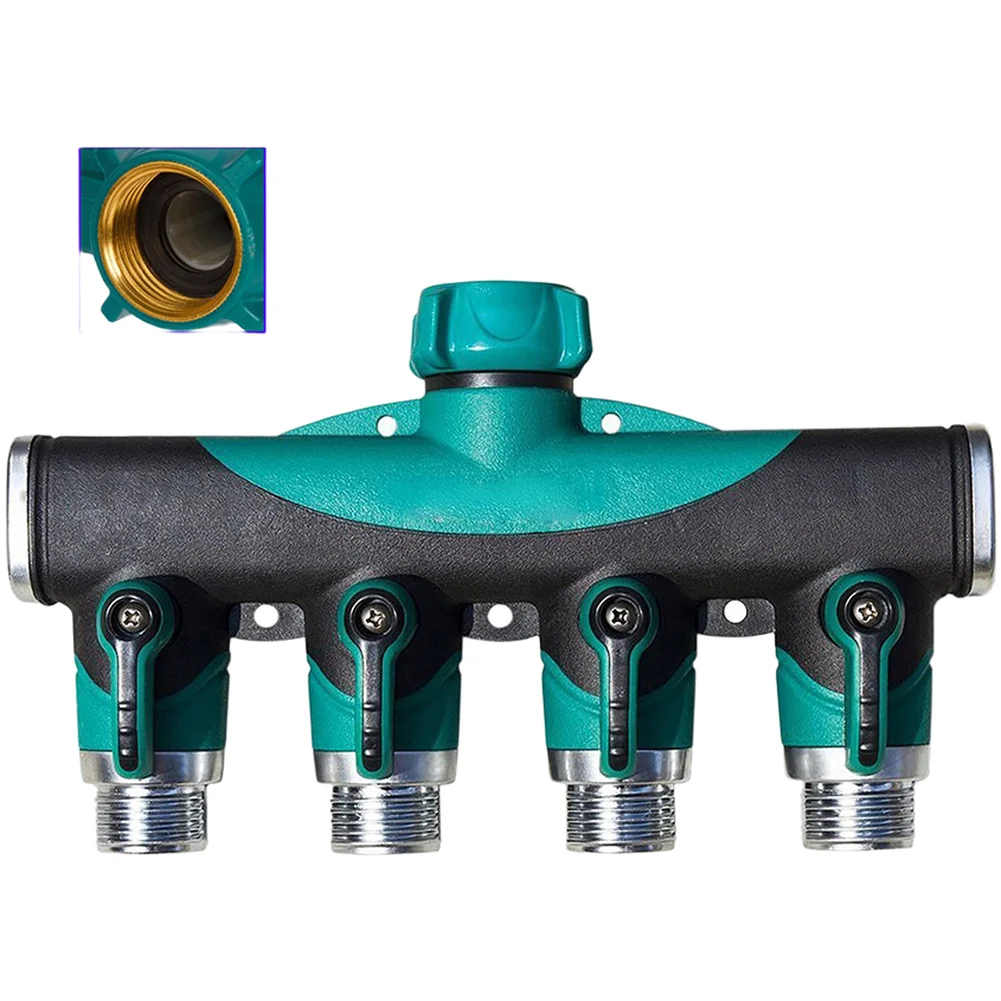 Garden Hose Manifold with 4 Independent Valves for Simultaneous Water Distribution to Multiple Zones Using 3/4 Inch Fittings