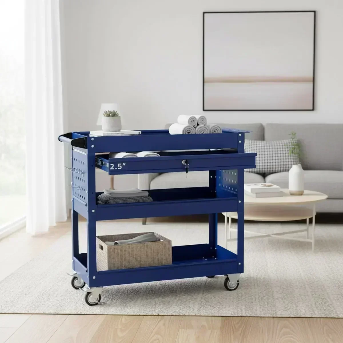 3 Shelf Rolling Tool Cart Lockable Storage Garage Workshop Blue