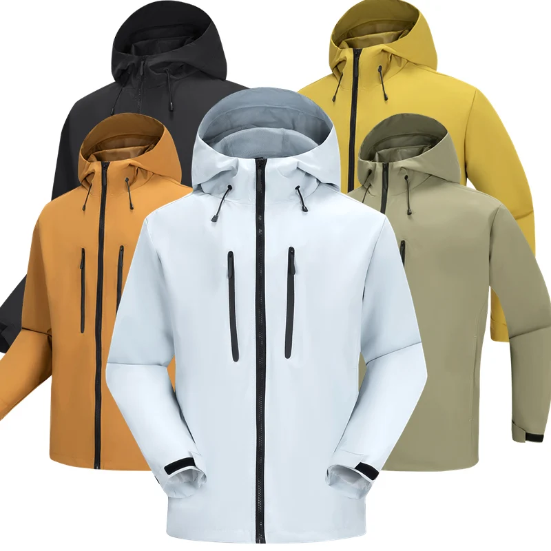 Unisex Solid Color Hooded Jacket Waterproof Windproof Full Zip Drawstring Hood Outdoor Hiking Trekking Coat Multi Colors