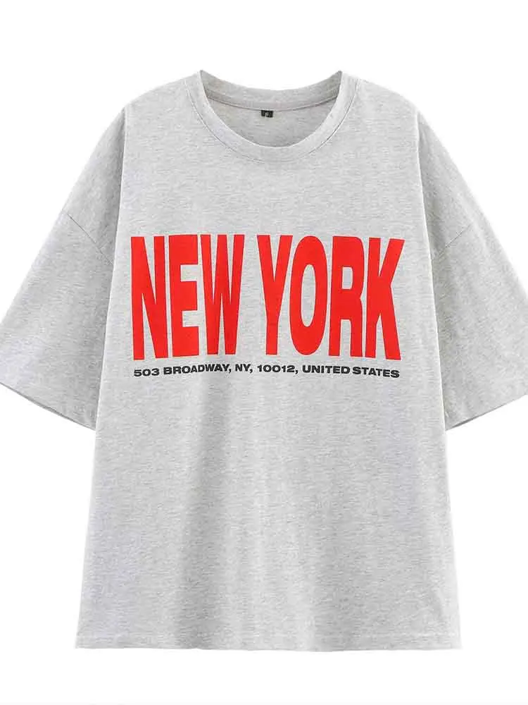 

European style new women's fashion versatile simple printing round neck drop shoulder short sleeve T-shirt