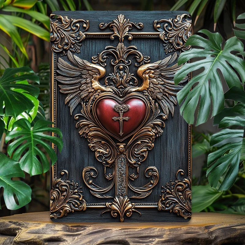 1pc Vintage Wings and Red Heart Aluminum Wall Art, 8x12inch Metal Tin Sign for Home, Office, Bathroom, and Outdoor Decor