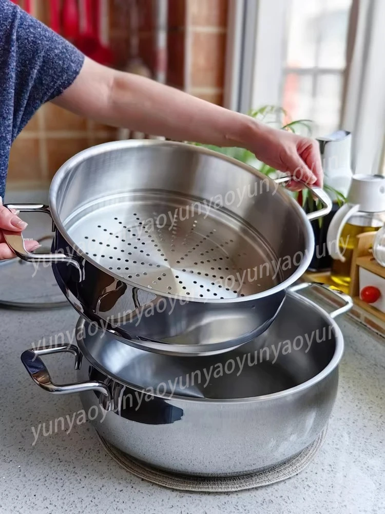28cm 18/10 Stainless Steel Steamer Thickened Composite Bottom Pot for Induction Gas Stove Food Grade Home Kitchen Cooking Tool