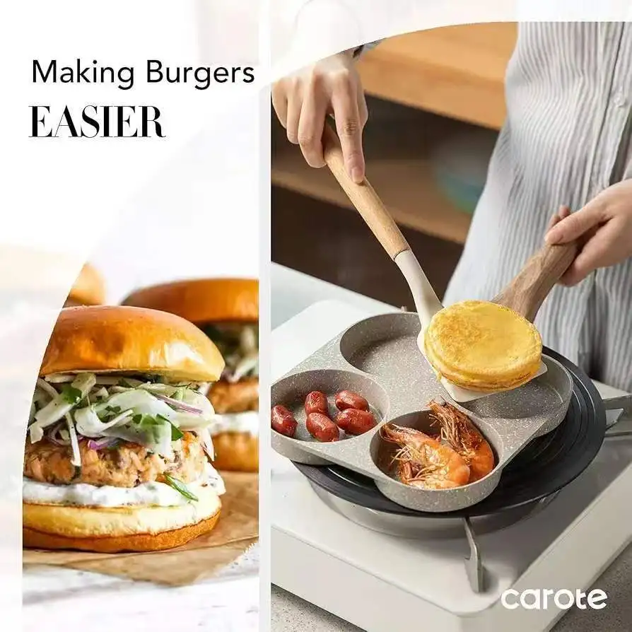 4-Hole Breakfast Egg Burger Pan, Non-Stick, Stone-Coated, Mini Pancake and Egg Cookware