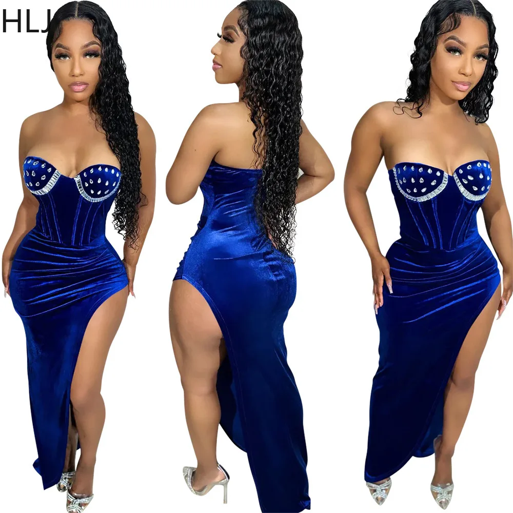 

HLJ Sexy Velvet Rhinestones Bodycon High Slit Party Dresses Women Off Shoulder Sleeveless Corset Ruched Vestidos Female Clothing