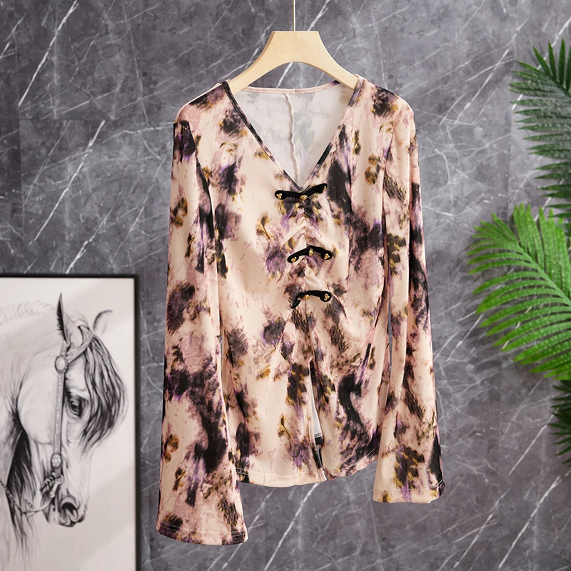 

Ele Purple Floral Print irt Women's Faion High-End Metal Bule Top Sli Commute Sle V-Ne Long Sve Slim Fit