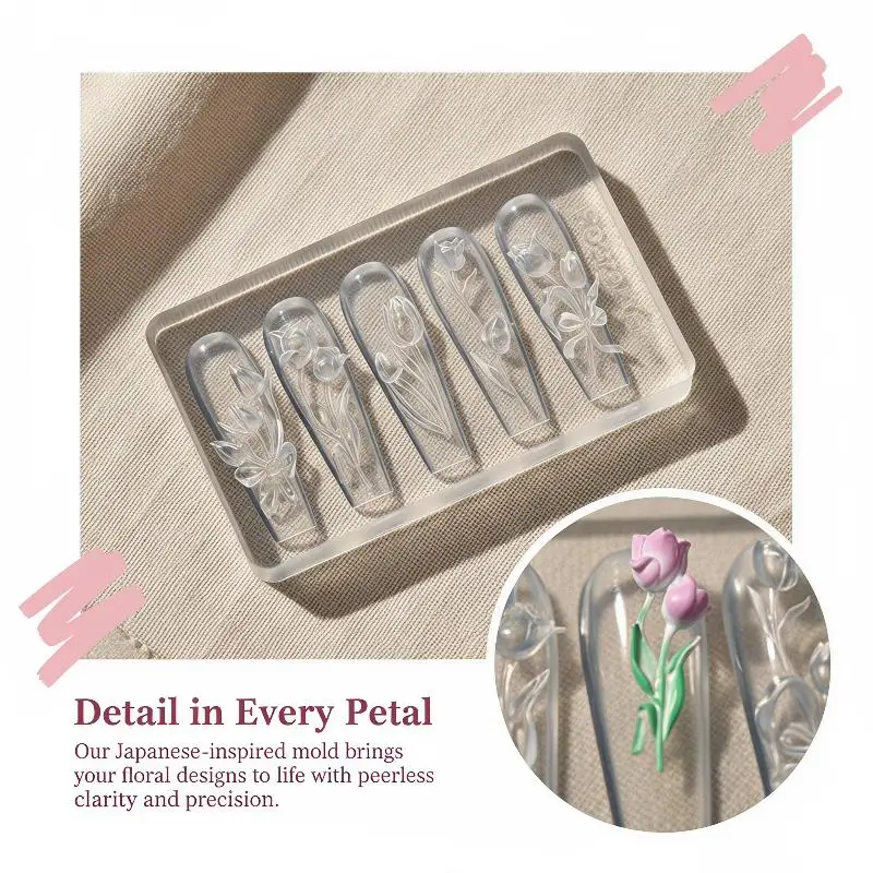 High Transparent 3D Nail Art Carving Mold with Box, Butterfly Tulip Lily Flower Template for Nail Decoration
