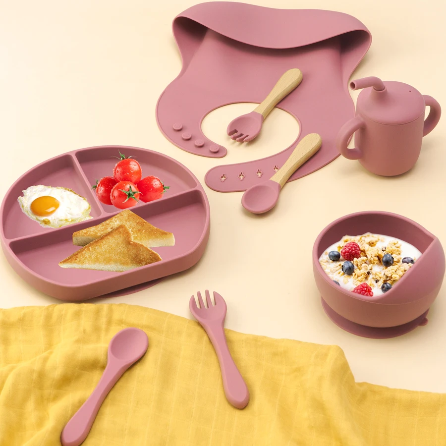 Mamaplan 8Pcs Baby Food Feeding Set Sucker Bowl Dishes Plate Dinnerware For Children Dishes Baby Bib Cup Tableware Baby Stuff