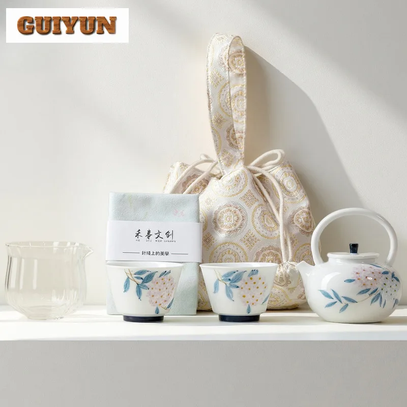 

Hand-painted Hydrangea Travel Tea Set Kit Vintage 1 Pot 2 Cups Household Tea Maker Organizer Portable Camping Stock Bags Craft