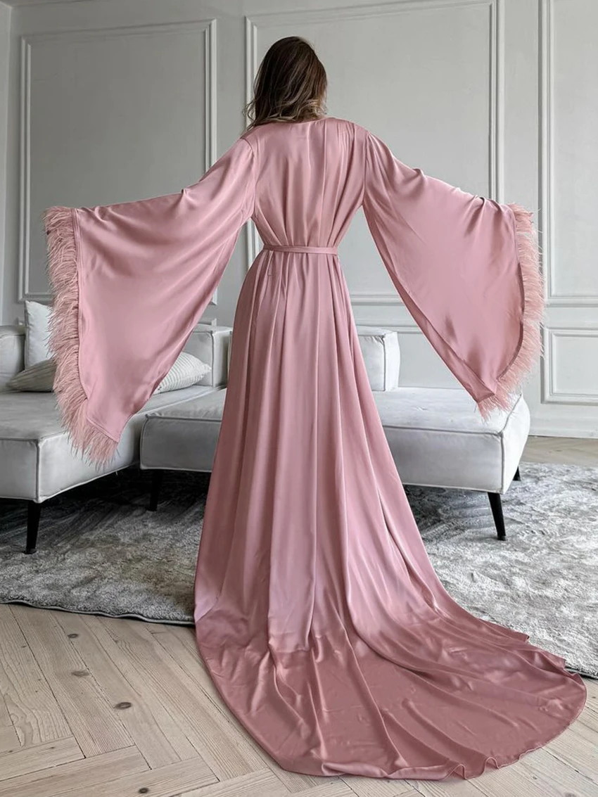 Marthaqiqi Fashion Women Robe Sexy V-Neck Sleepwear Long Sleeve Nightgowns Lace Up Nightwear Floor-Length Dress Ladies Bathrobe