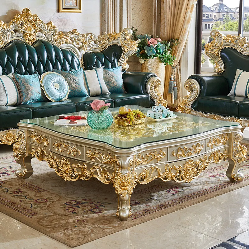 European square coffee table wood surface solid wood carving flower tempered glass tea table American villa living room champagn