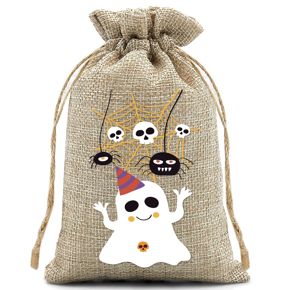 50Pcs/lot 10*15cm Pumpkin Ghost Skull Printed Drawstring Linen Pouches Halloween Children's Party Gifts Storage Bags