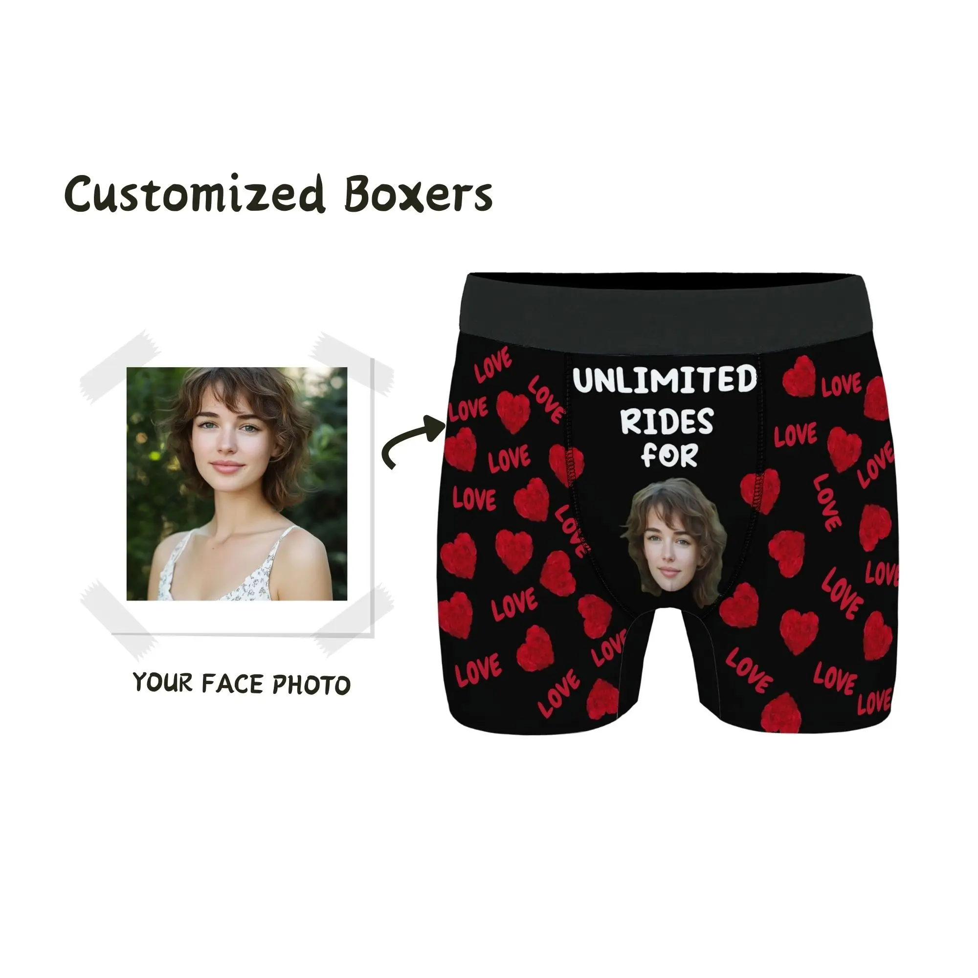 

Gift for Boyfriend Custom Face & "UNLIMITED RIDES FOR" Boxers Briefs Black Red Heart & "LOVE" Print Valentine's Present