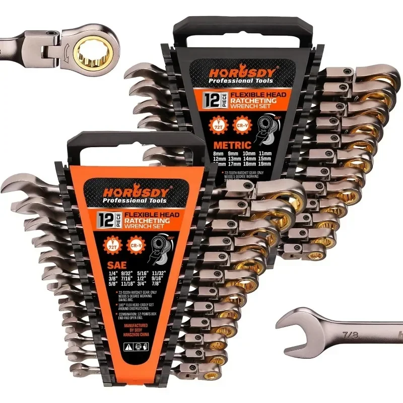 

HORUSDY 24-Piece Flex-Head Ratcheting Wrench Set Set | Metric and SAE | Ratchet Combination Wrenches Set with Organizer