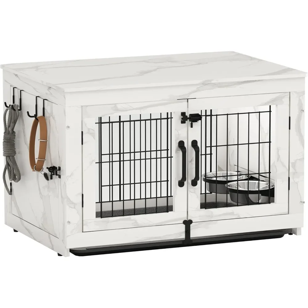 

Wooden Dog Crate Furniture with 360°Rotatable Removable Dog Bowls, Dogs Crate End Table with Tray, Double Doors Dogs Kennels