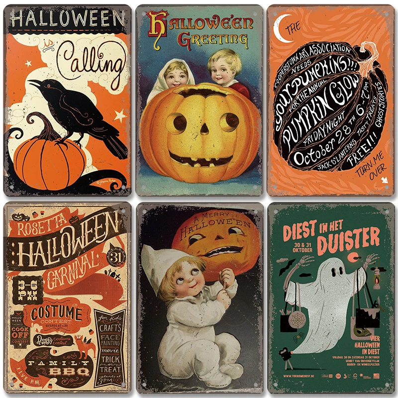 Halloween Night Party Poster Vintage Metal Signs Pumpkin Trick or Treat Metal Tin Plate Wall Art Decor For Bar Pub Club Home