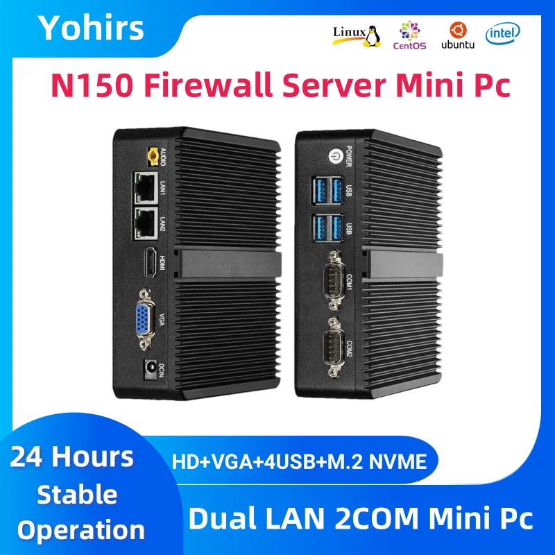 كمبيوتر صغير N150 J5005 CPU ثنائي LAN منفذ COM مزدوج DDR4 M.2 NVME SSD HD VGA جيجابت إيثرنت مكتب صناعي ناعم راوتر خادم PVE