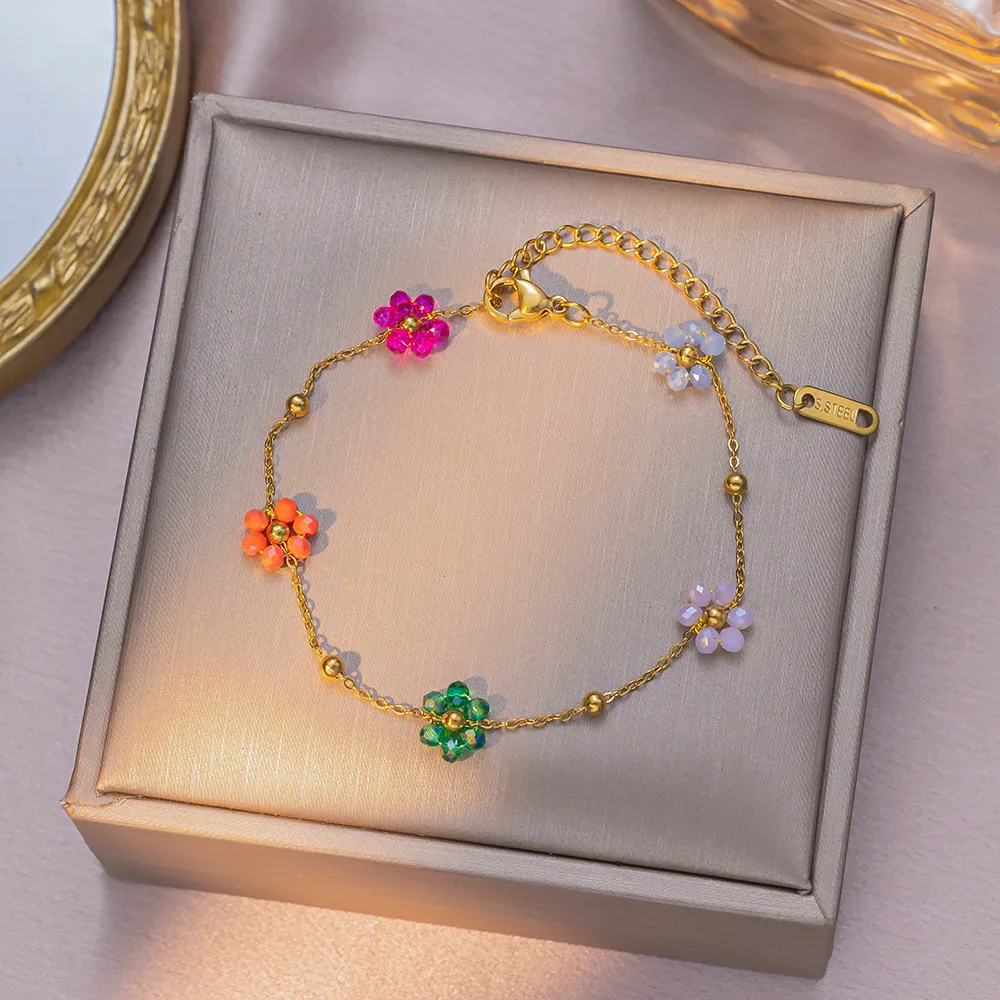 IFYOUOO Colorful Crystal Flower Chain Stainless Steel Necklace Bracelet Set Plating Waterproof Jewelry For Ins Exquisite Jewelry image 6
