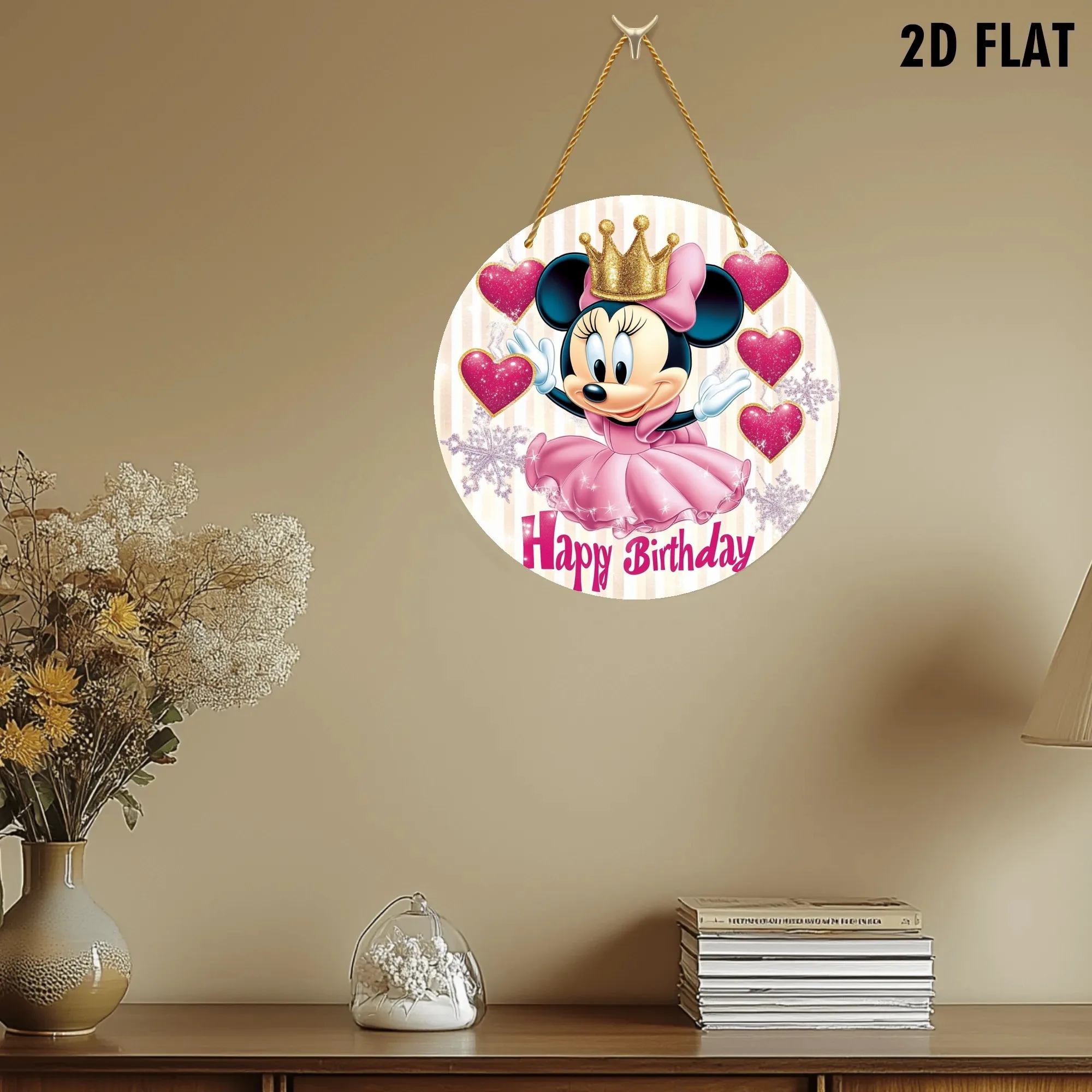 لافتة حائط أكريليك 2D مسطحة، قطعة واحدة من ديزني ميني ماوس - فستان وردي وتصميم تاج ذهبي، لا حاجة للكهرباء، ولادة عيد الحب